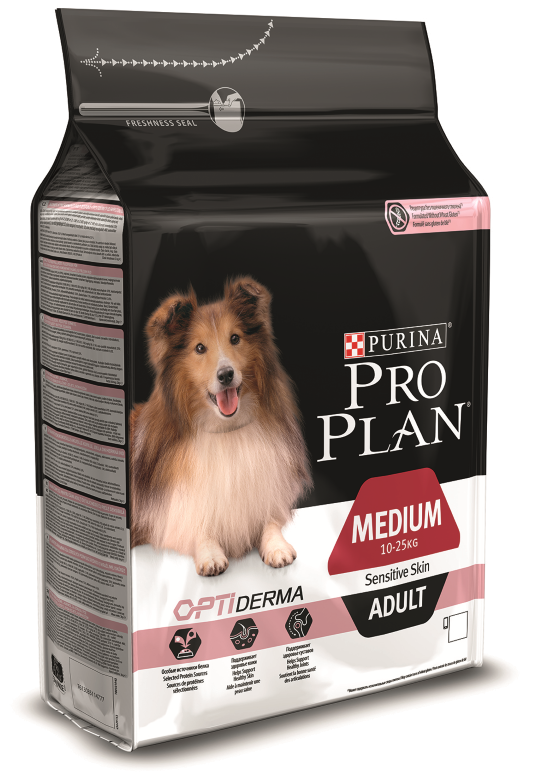 Корм для средних пород. PROPLAN Medium Adult sensitive Skin для взрослых собак средних пород 