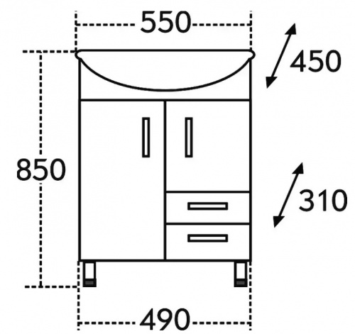Тумба с раковиной Уют 55, 2 ящика, голубой, 550 х 450 х 850 мм