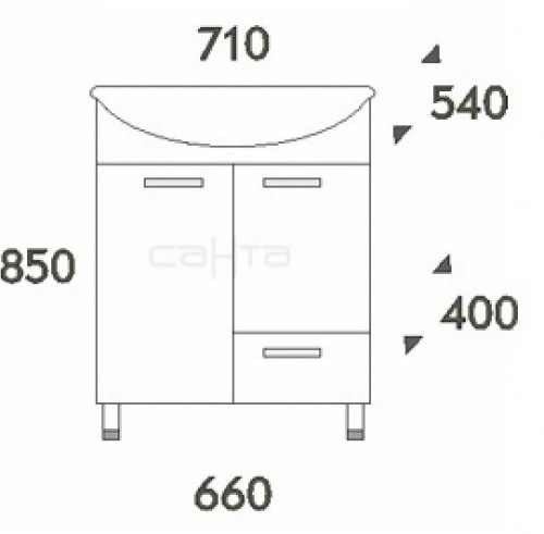 Тумба с раковиной Лидия 70, 1 ящик, 710 х 540 х 850 мм
