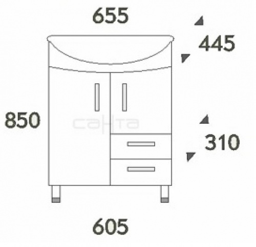 Тумба с раковиной Элеганс 65, 2 ящика, 655 х 445 х 850 мм