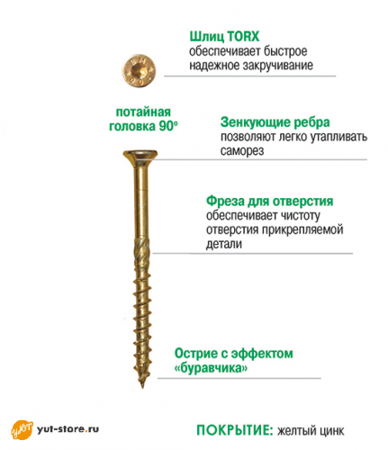 Шуруп 8 х 200 мм самонарезающий для дерева с потайной головкой