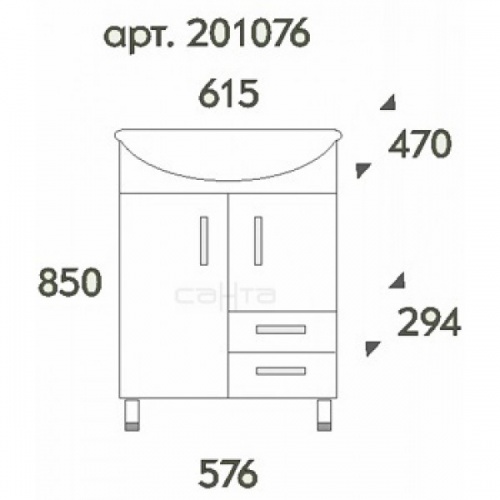 Тумба с раковиной Сити 60, 2 ящика, 615 х 470 х 850 мм