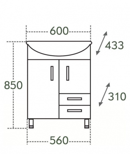 Тумба с раковиной Грация 60, 2 ящика, 600 х 433 х 850 мм