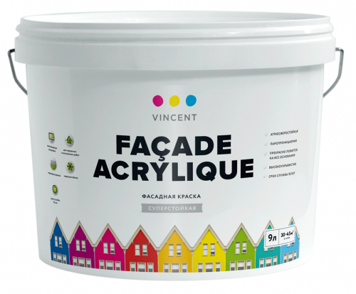 Vincent Facade Acrylique F-2, 9 л, база А, Винсент фасадная матовая суперстойкая акрилатная краска